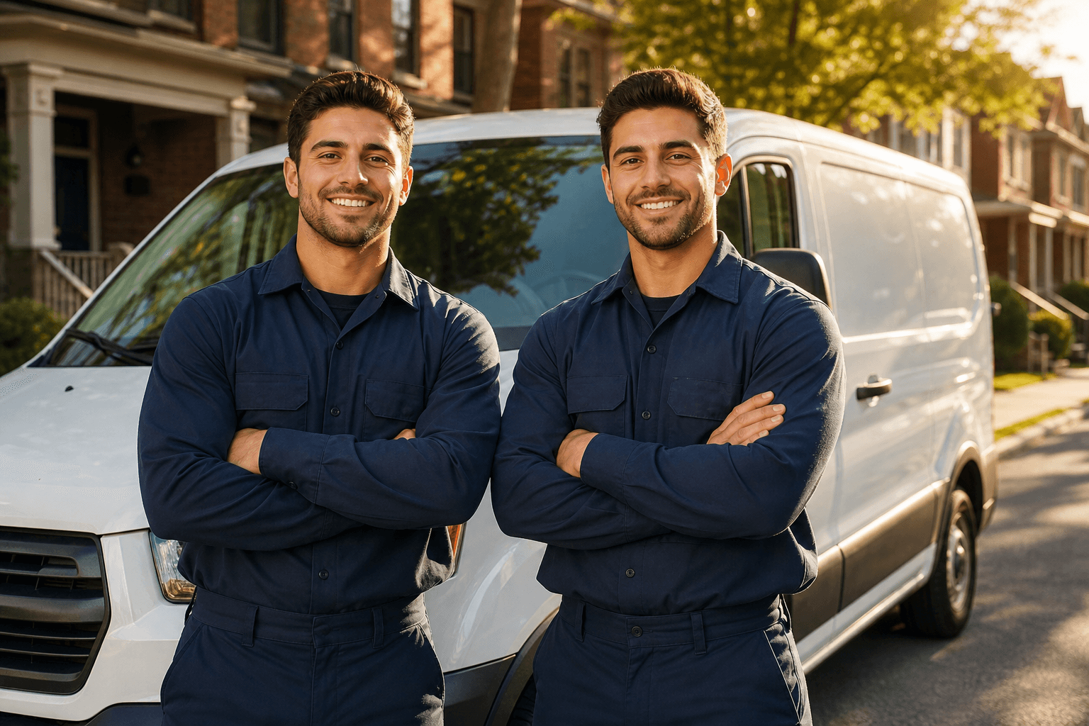 The brothers behind Brothers HVAC Company standing by their service van in Toronto