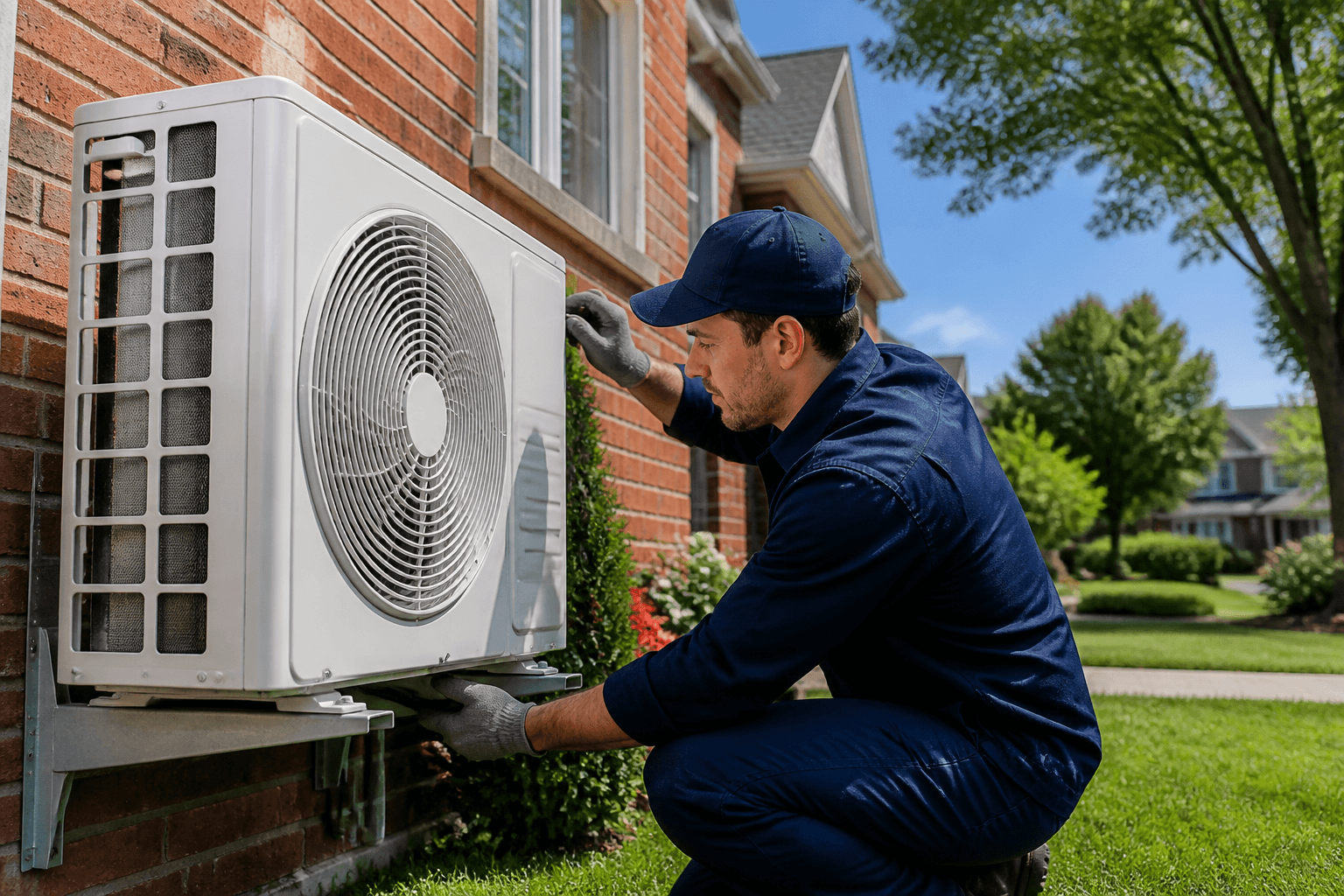 Brothers HVAC technician installing a high-efficiency air conditioner at a Toronto home